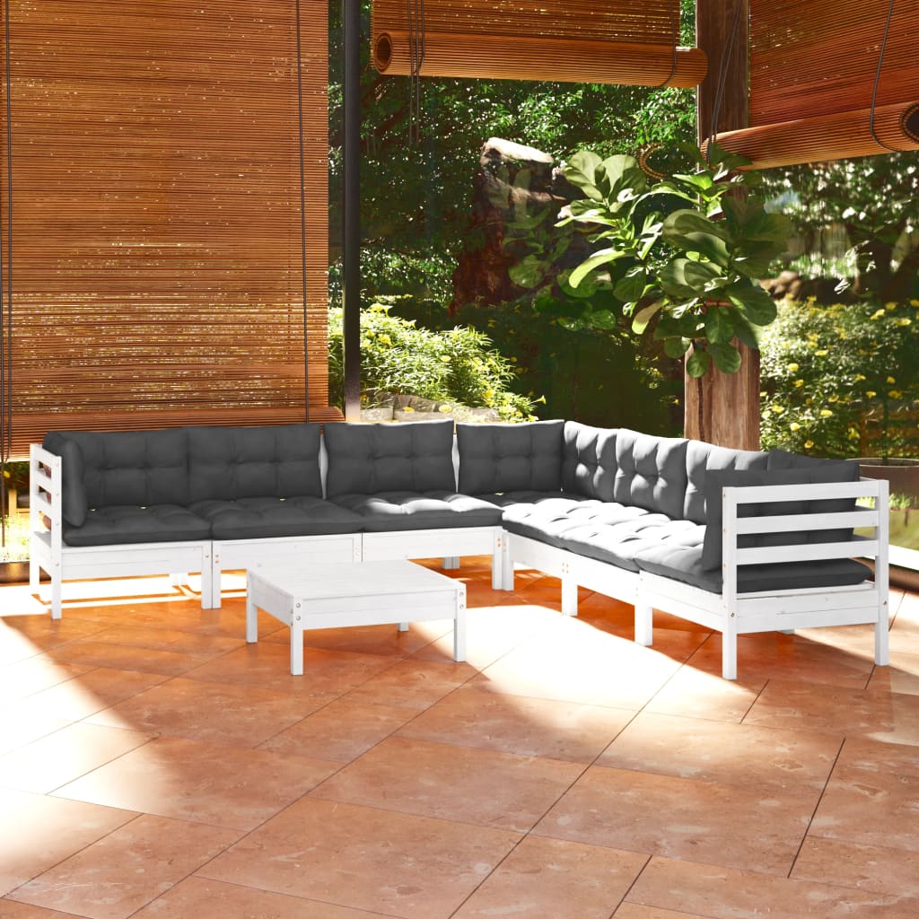 8-tlg. Garten-Lounge-Set mit Kissen Weiss Kiefer Massivholz